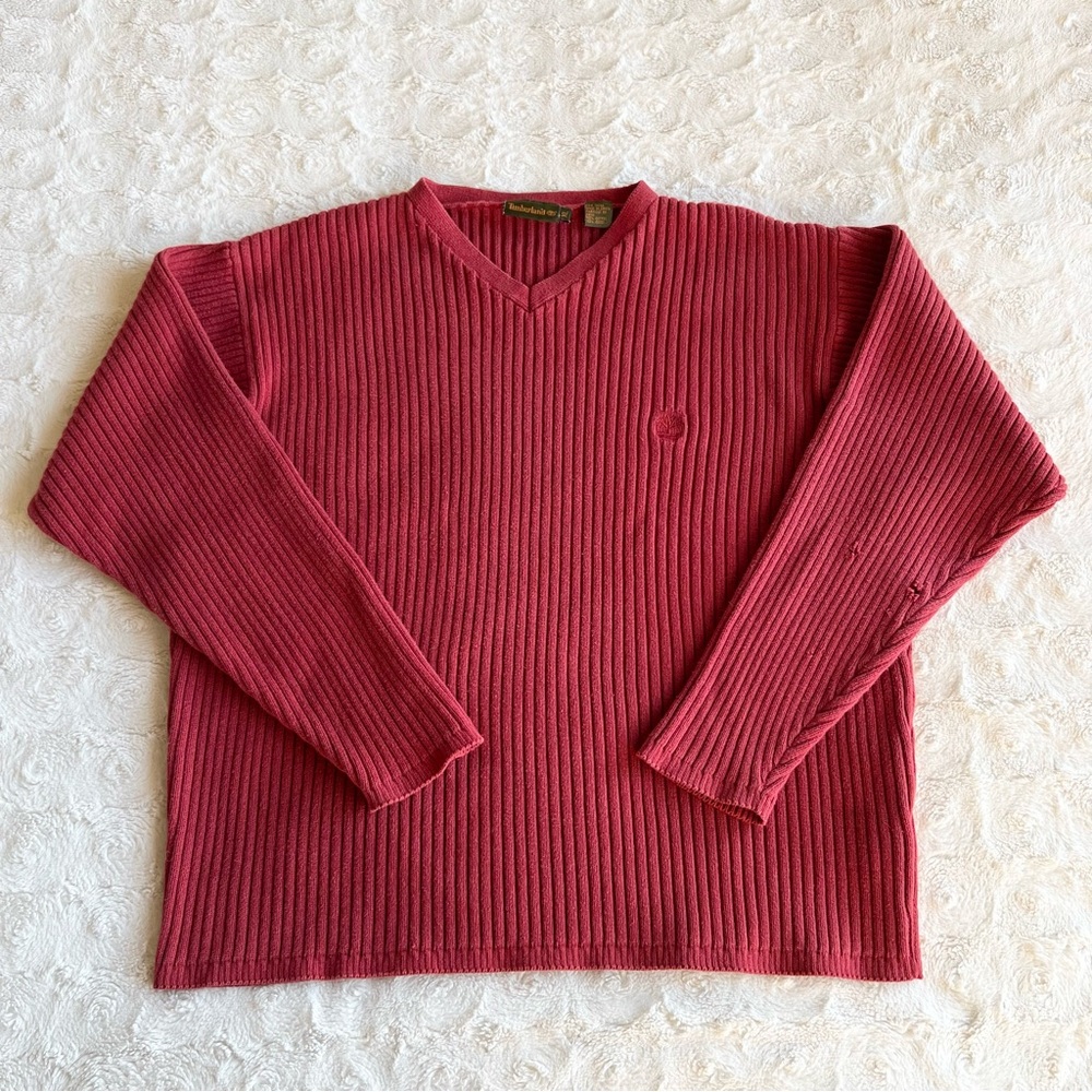 Vintage Timberland Sweater Mens XL Red V Neck Y2K Heavyweight Knit Granola Vtg